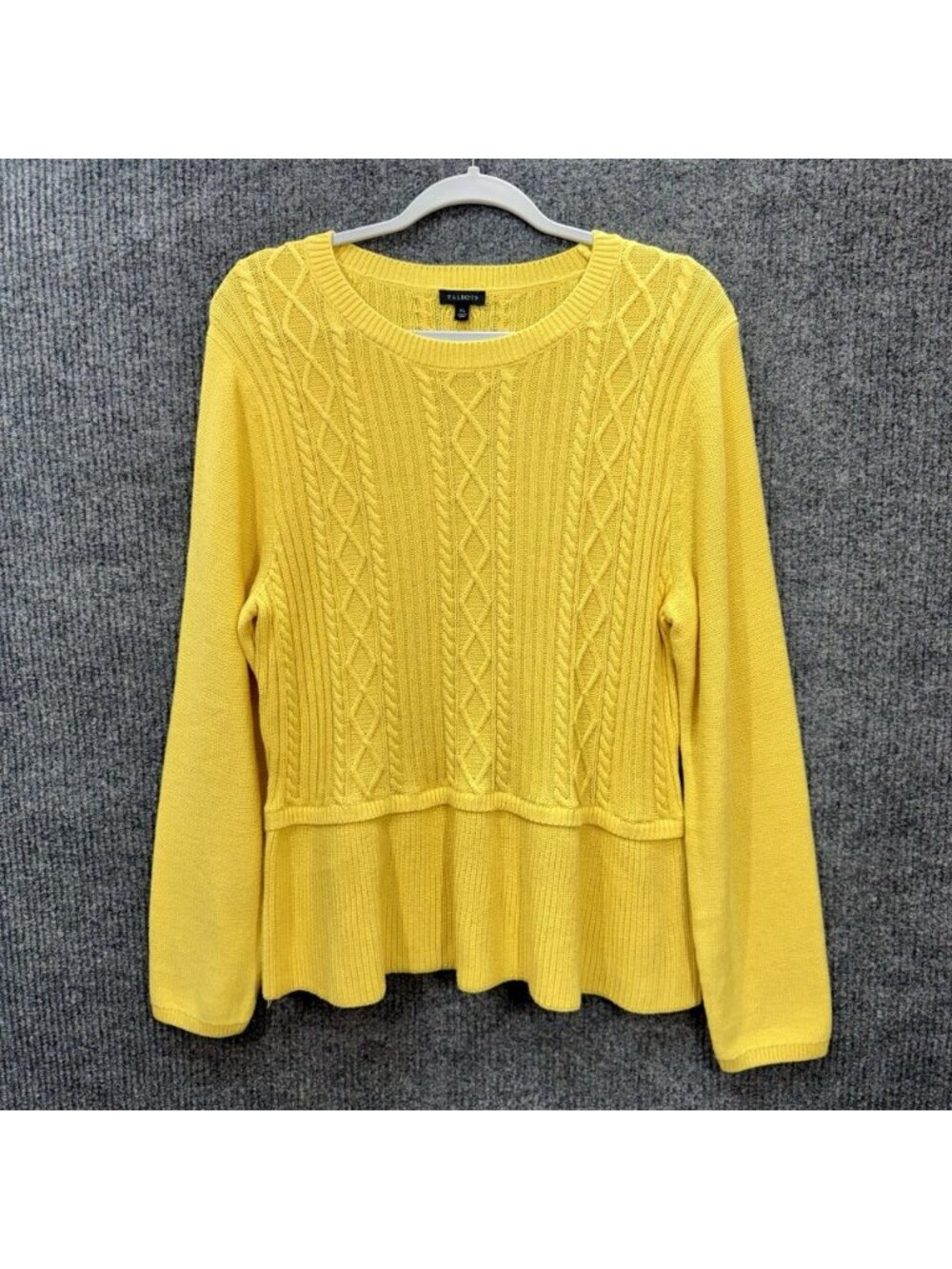 Talbots Cable Knit Sweater Womens XL Yellow Peplum Cashmere Blend Round Neck Top